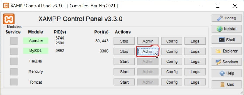 the admin button to access the phpMyAdmin