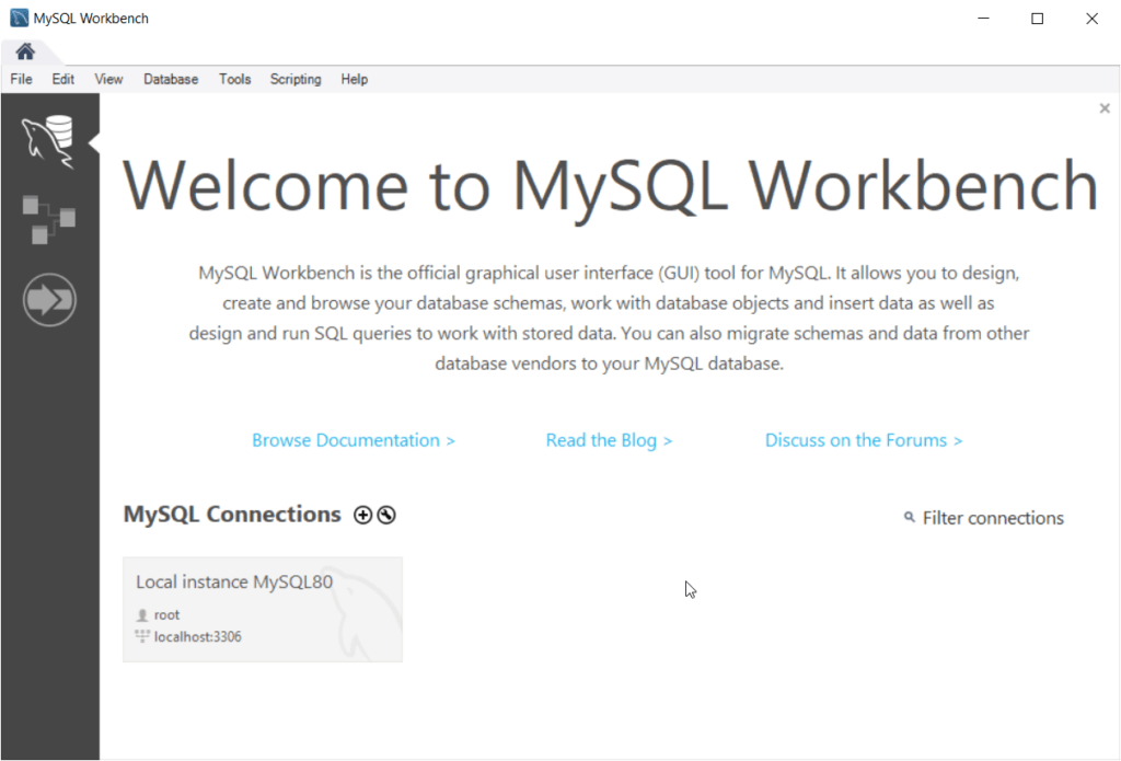 the start page of the MySQL Workbench