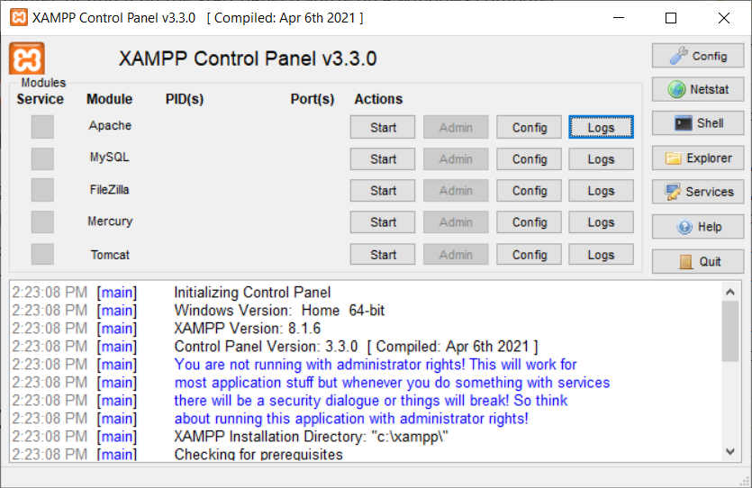 The XAMPP control panel
